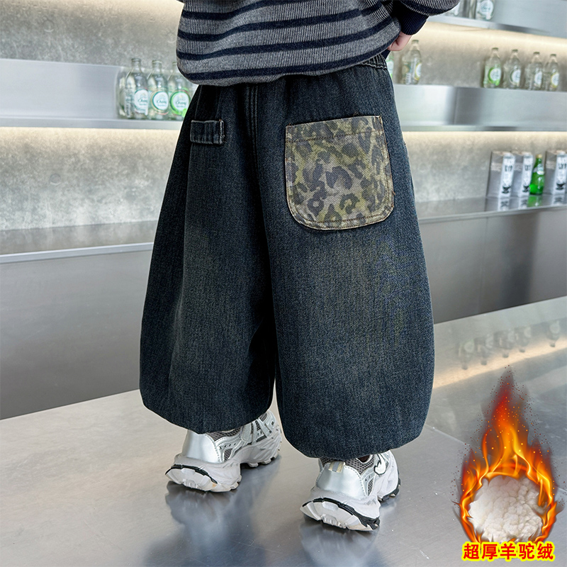 男童冬季一体绒牛仔灯笼裤韩版时髦宝宝秋冬羊驼绒加厚束脚哈伦裤