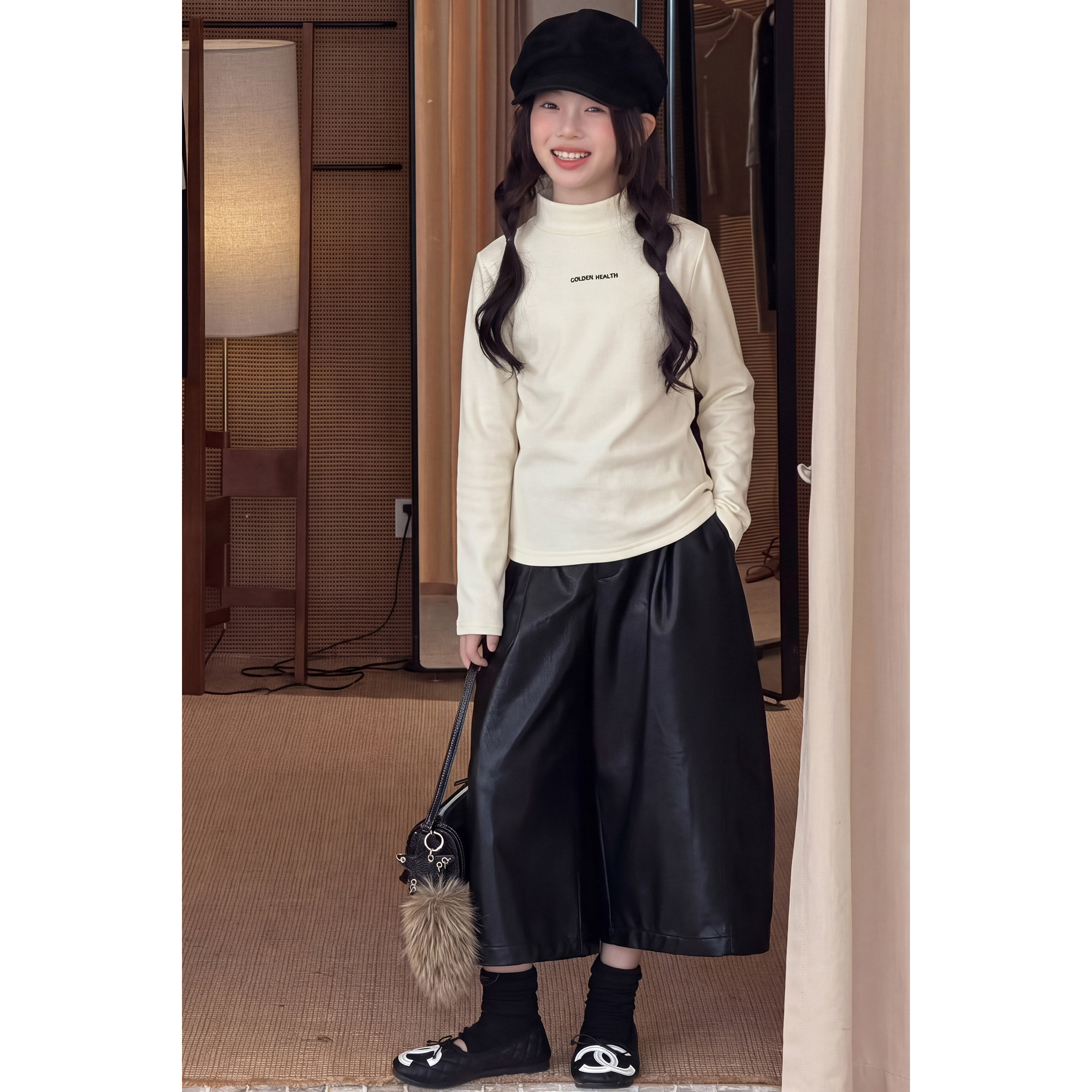 韩系女童纯色德绒打底衫2026新款秋冬儿童套装中领打底衫皮裤套装