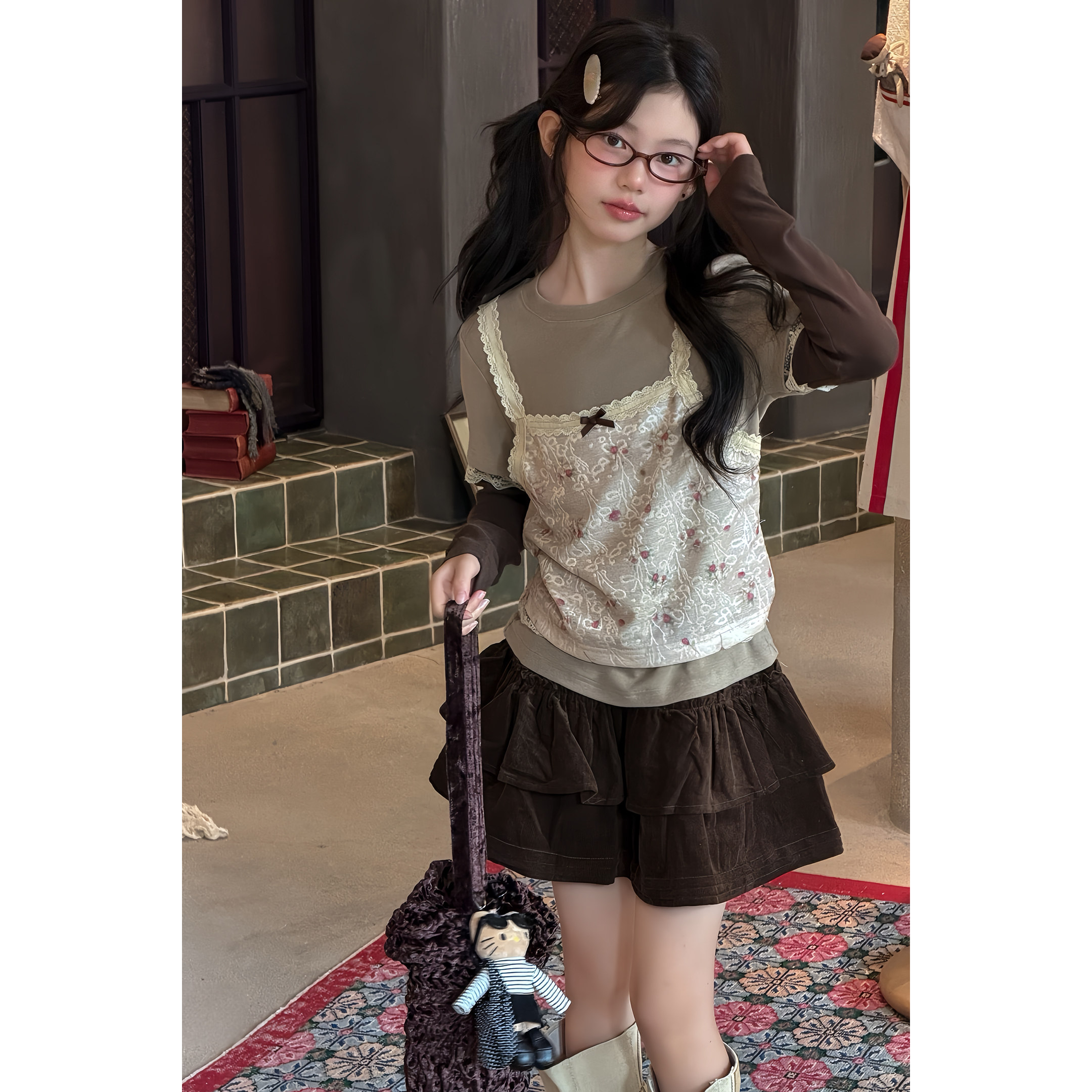 韩系女童甜美套装2026新款儿童洋气秋装假两件长袖t半身裙两件套