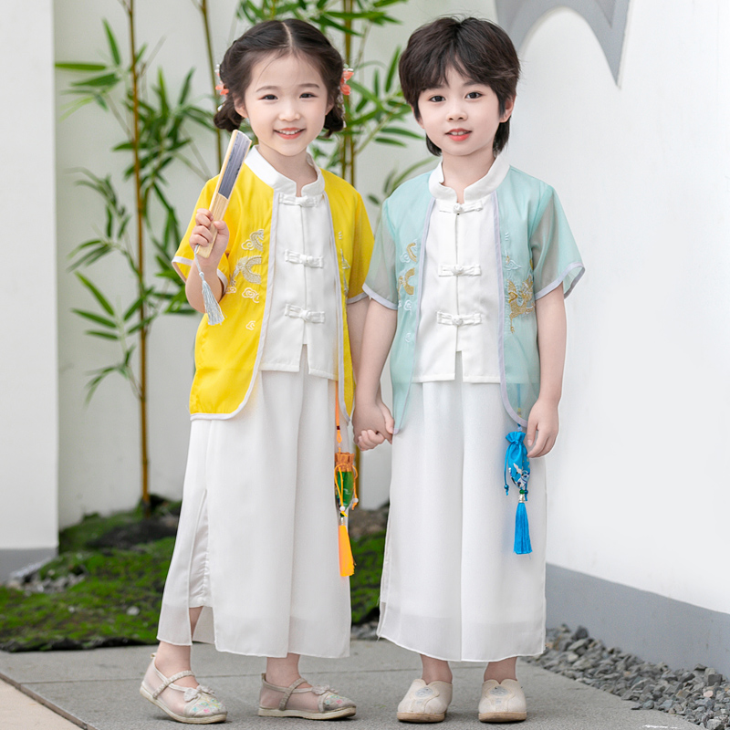 儿童新中式国风汉服夏季男生幼儿园服唐装女宝古装合唱六一演出服