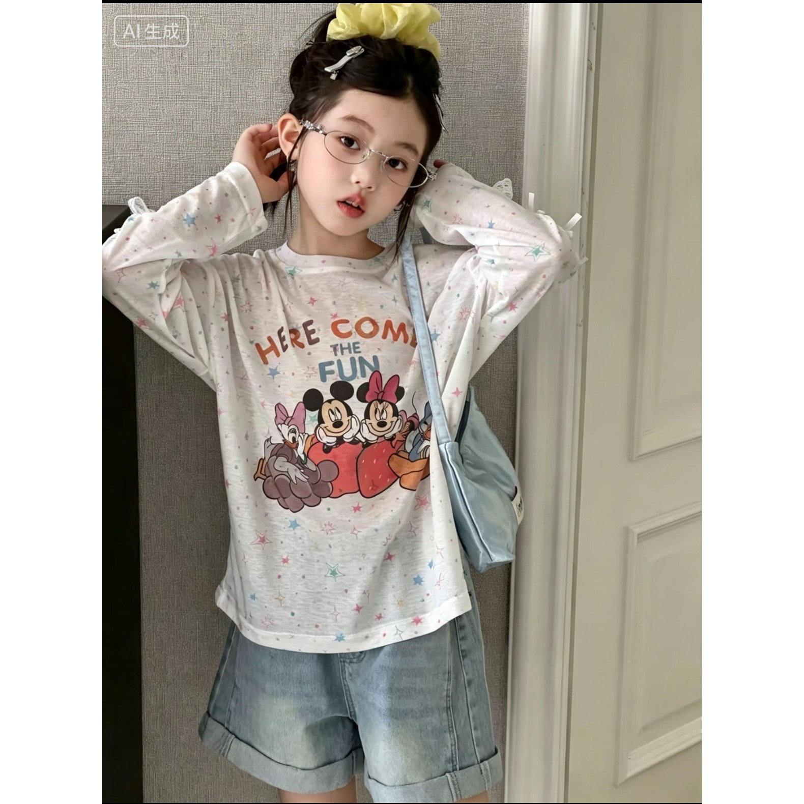 甜美女孩韩系女童T恤2026夏季米奇蕾丝蝴蝶结超薄儿童防晒t上衣