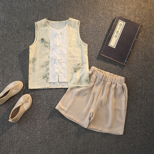 汉服男童夏季背心套装中国风儿童坎肩夏天古风无袖唐装两件套薄款