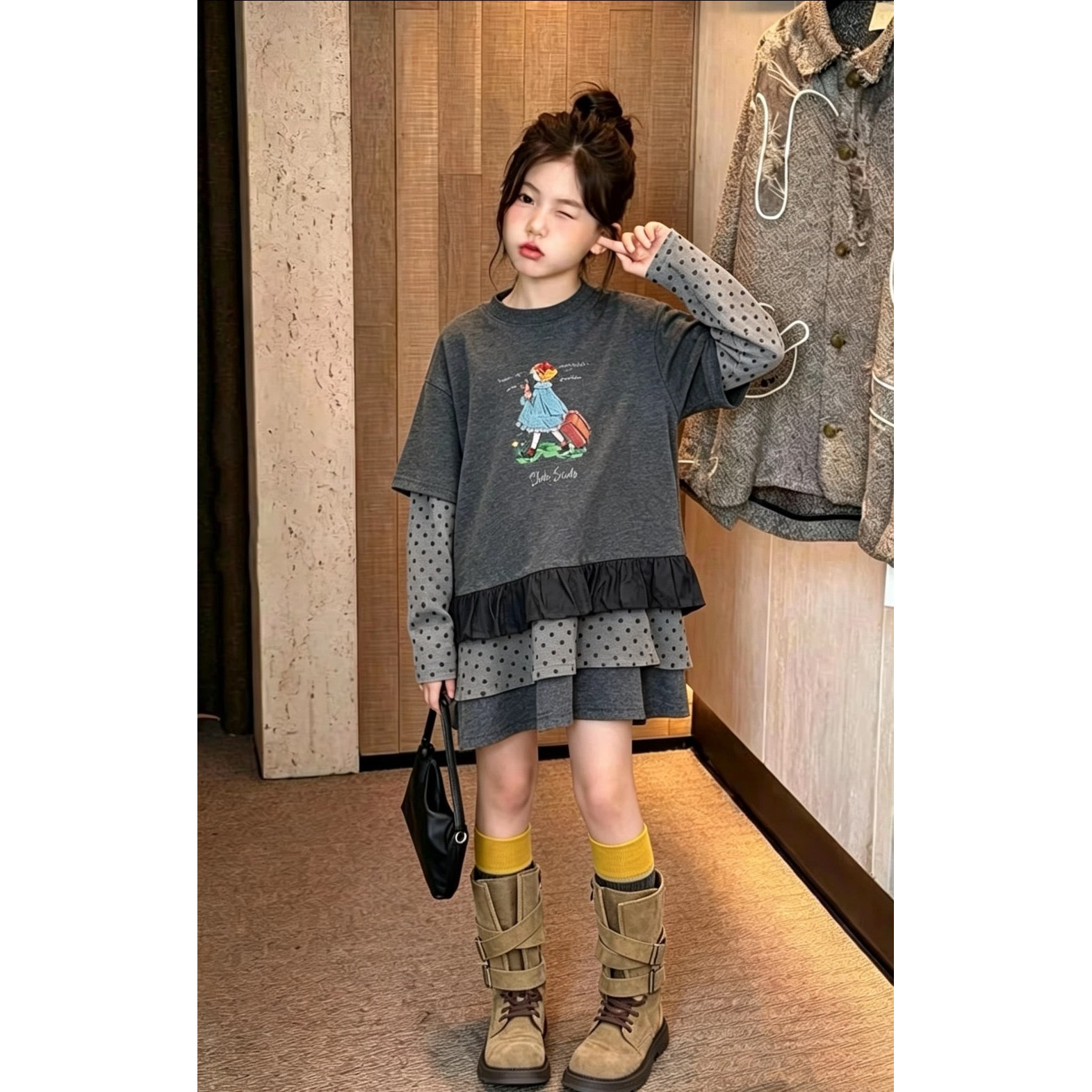 韩系女童甜美连衣裙2026秋新款儿童秋装超洋气假两件T恤卡通裙子