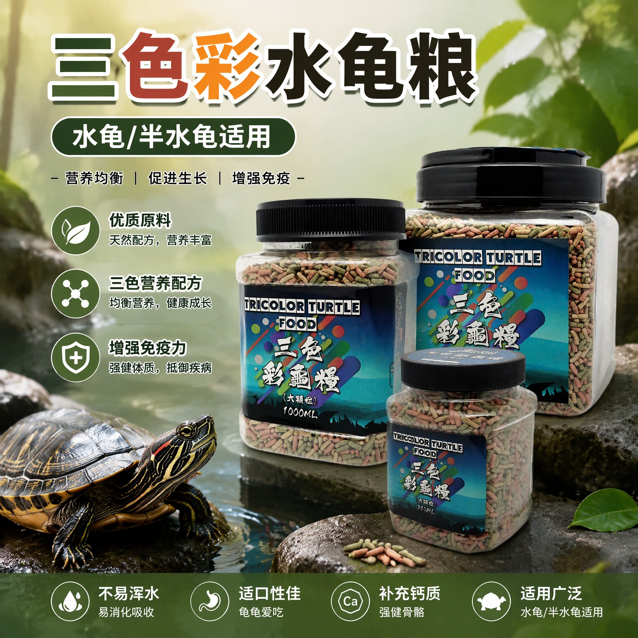 三色彩龟粮巴西鳄龟蛋龟草龟箱龟黄缘龟饲料水龟增色增体半水龟粮