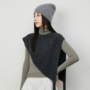 100%纯羊毛针织披肩女秋冬新款斜边三角套头叠穿马甲复古设计帽子