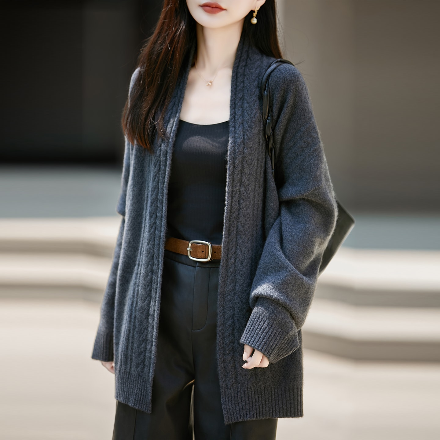 中长款100%纯羊毛针织开衫女外搭秋冬宽松慵懒风麻花加厚无扣外套