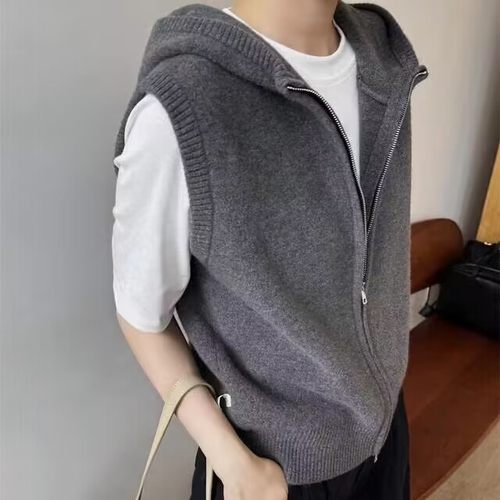 纯羊毛帽衫拉链马夹开衫