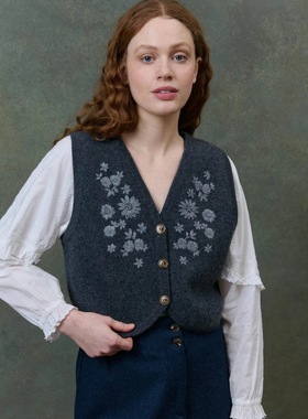 柜1K+法系小众Lou*se M*sha立体花朵刺绣灰色羊毛针织马甲女秋冬