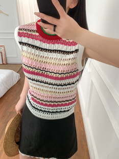 SW25春夏新款渠道高货彩色条纹针织镂空背心粉色系时髦洋气马甲