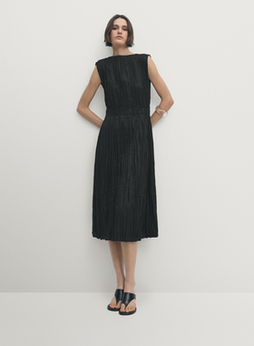 西班牙MD25春夏新款亚麻褶皱收腰无袖黑色连衣裙法式高级感长裙子