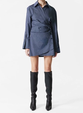 老渠道other蓝色竖条纹经典衬衫裙设计感收腰围裹式连衣裙stor*es