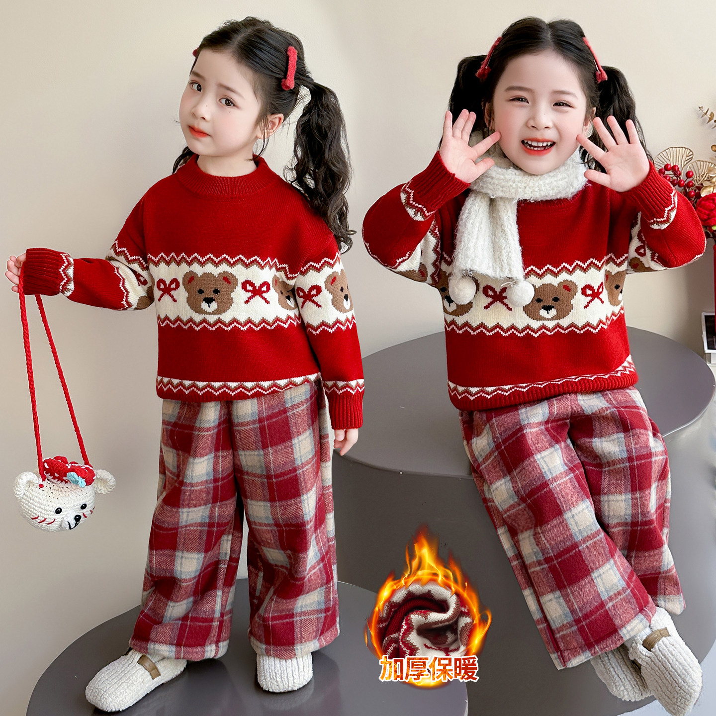 女童毛衣2025冬装新款女宝加厚宝宝冬季女款毛线衣红色儿童内搭