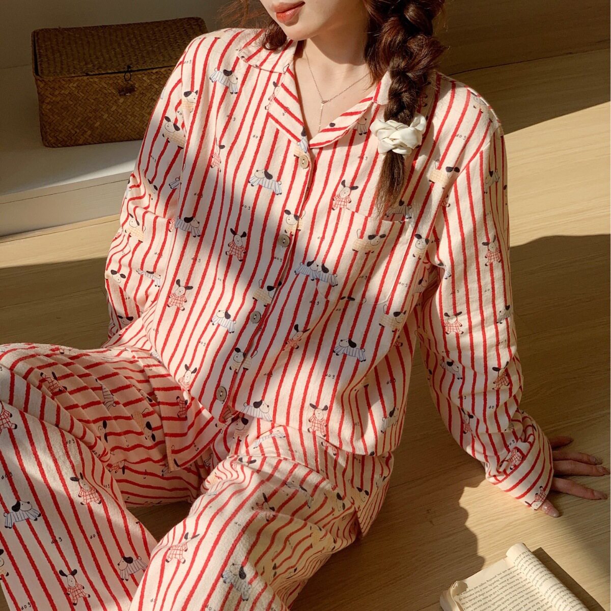睡衣女款春装纯棉红色条纹四季通用春夏薄款2026新长袖舒适家居服