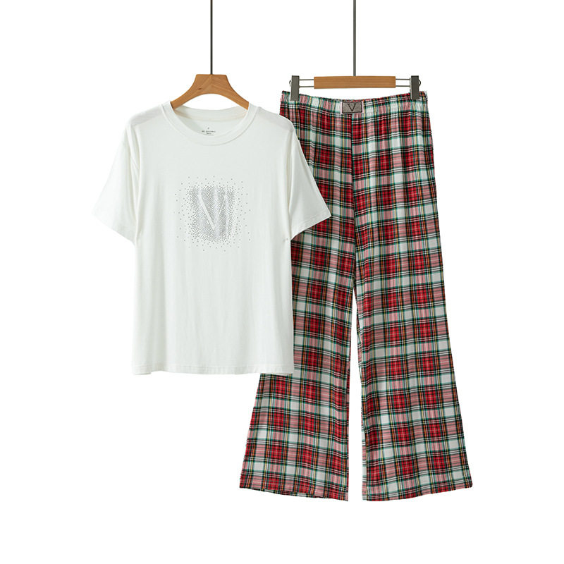 莫代尔烫钻V领短袖家居服套装女