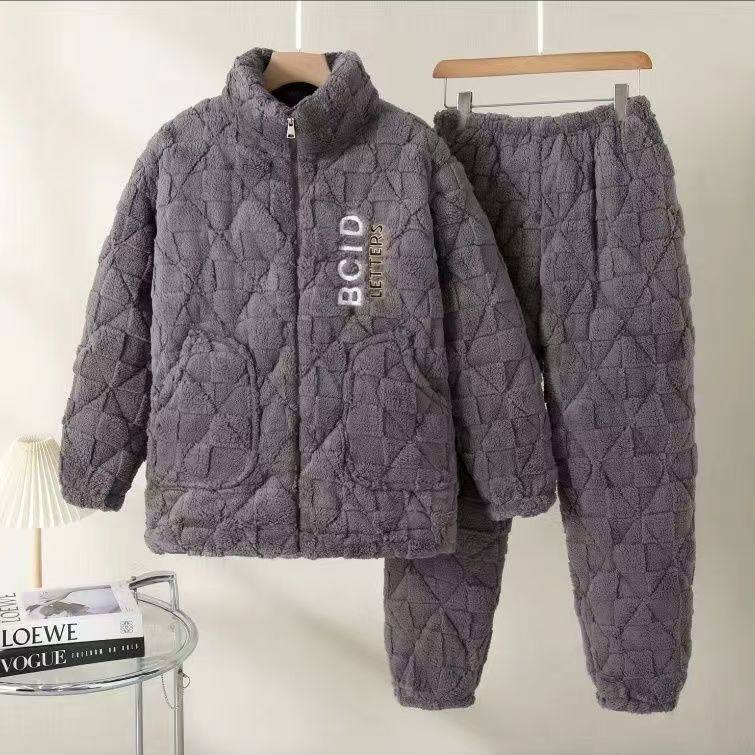 冬装男款睡衣男士加厚加绒爸爸可外穿珊瑚绒保暖三层夹棉家居服