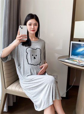 夏季短袖莫代尔孕期哺乳期睡裙