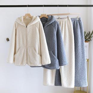 珊瑚绒睡衣女可外穿带帽子抓绒冬装学生男女款2025新款情侣家居服