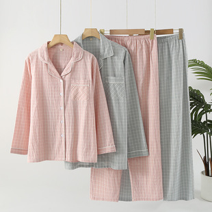 睡衣纯棉布料100全棉舒适女式男士情侣2025新款格子开衫家居服