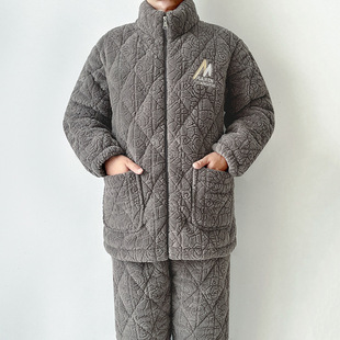 睡衣男款2025新款冬加厚可外穿超厚老年人爸爸女三层夹棉保暖棉袄