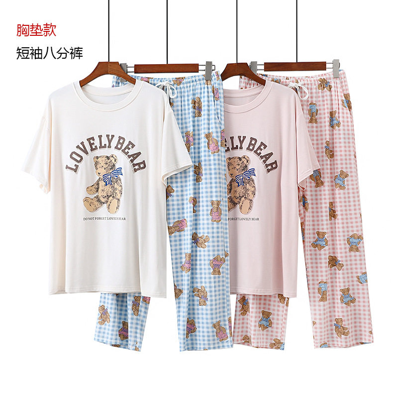 女式莫代尔带胸垫印花七分裤睡衣