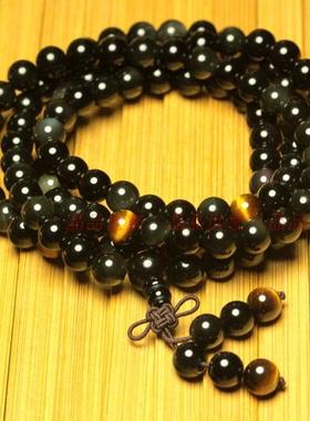 天然彩虹眼黑曜石黄虎佛珠手链