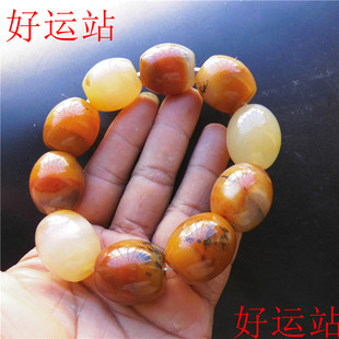 促销黄龙玉大气桶珠男士手链黄蜡石手饰玉佩宝石手珠小瑕疵凹手串