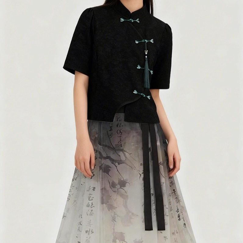 汉服水墨画马面裙上衣立领衬衫女国风汉元素汉服上衣内搭改良衬衣