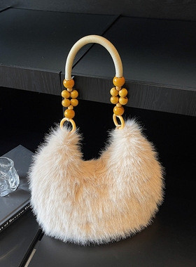 新款秋冬獭兔毛手提包韩版女士高品质毛绒仿狐狸毛搭配木珠单肩包