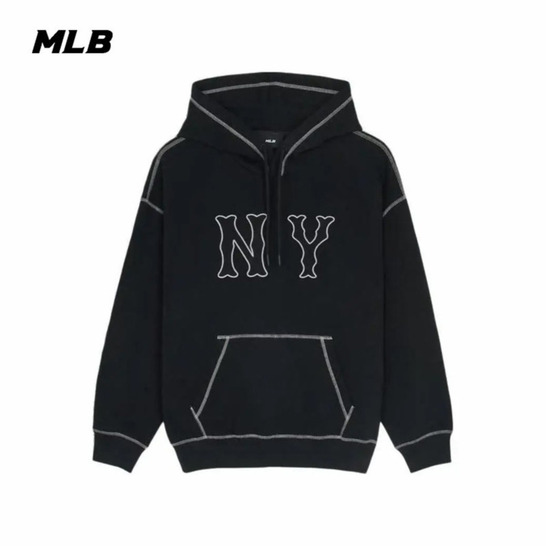 MLB情侣卫衣男女NY字母贴布刺绣连帽休闲宽松运动套头衫3AHDB0451