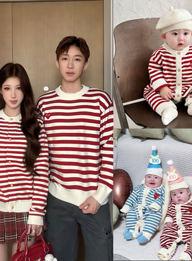 小月龄亲子装婴儿爬服爱心针织衫童装一家三口秋冬装红色条纹毛衣