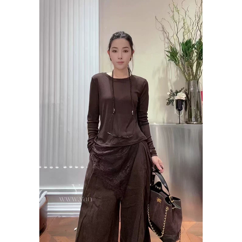 南油小众欧货秋季时尚百搭拼接蕾丝长袖T恤修身中长款打底衫上衣