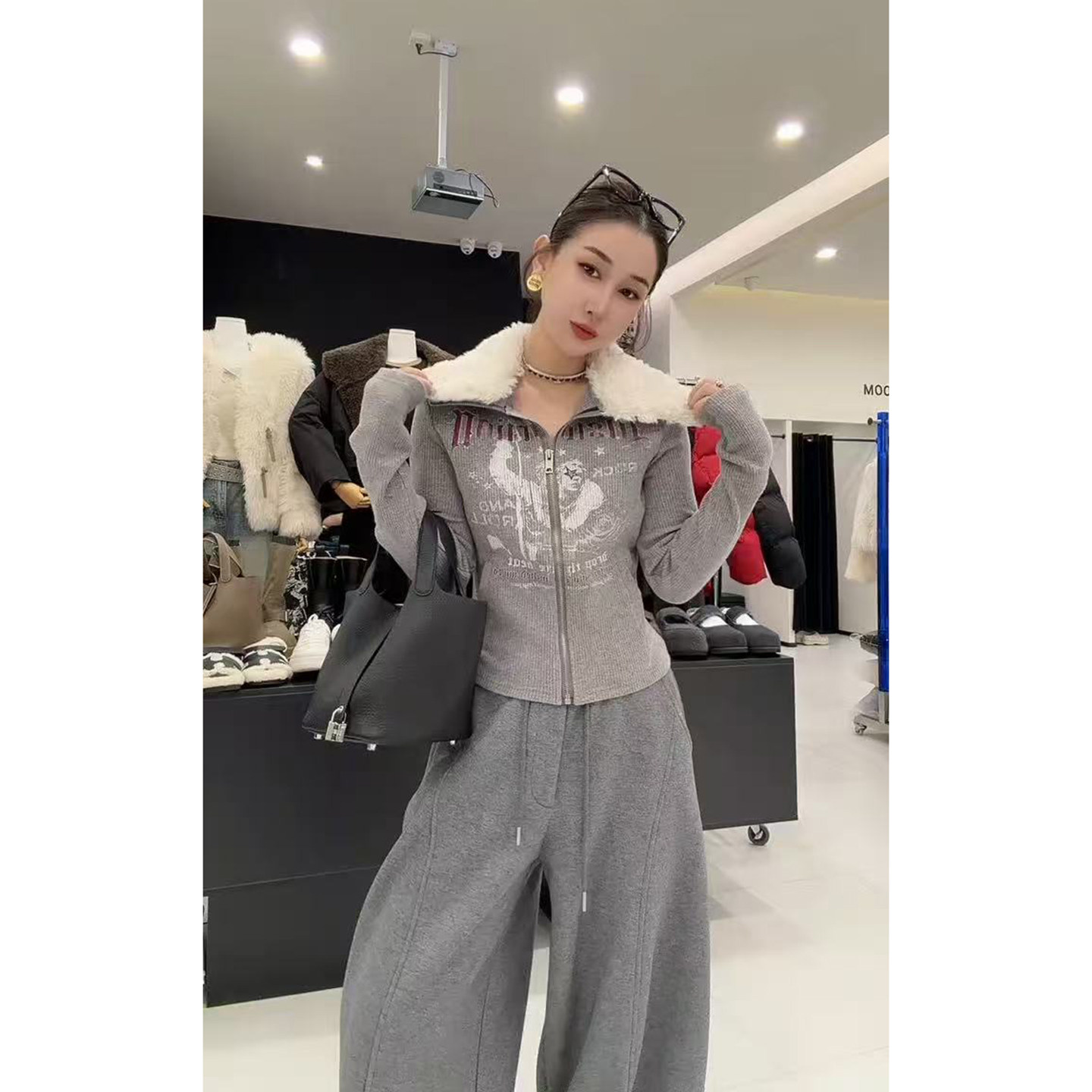 复古拼接毛领修身显瘦开衫外套女