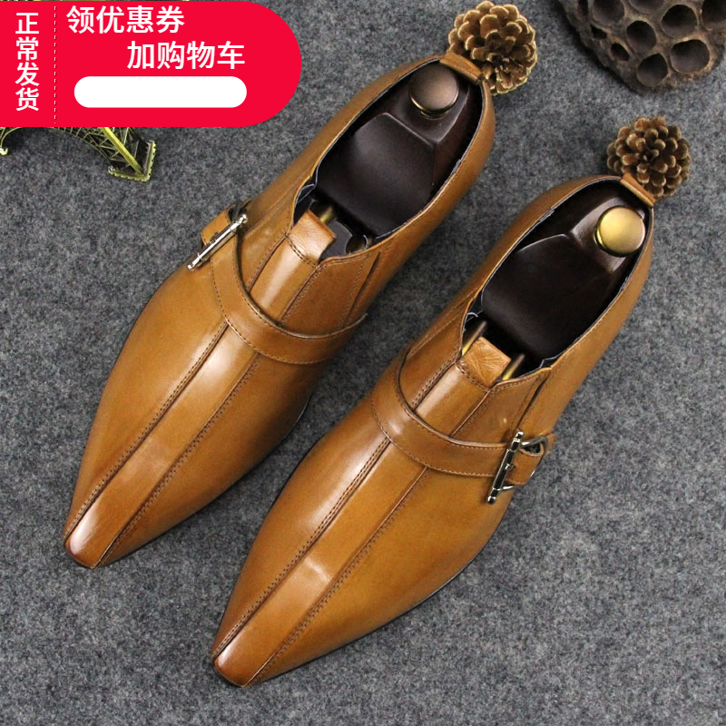 正品真皮德比鞋英伦尖头鞋搭扣