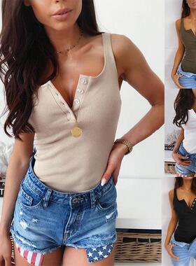 Women's Sleeveless Ribbed Vest, Fine Shoulder Strap Buttoned