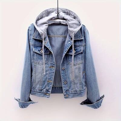 E 73582 Women Removable Hood Denim Jacket Casual牛仔夹克