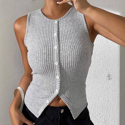 Womens SlimFit Button Front Knitted Crop Top Casual Round