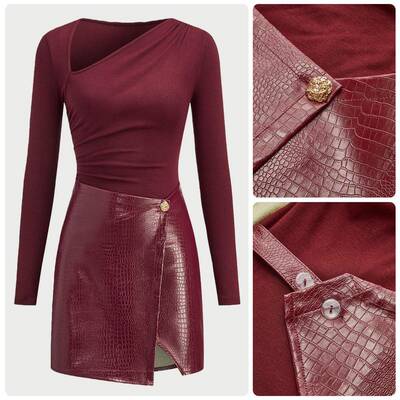 Women's Soft Leather Patchwork Casual Knit Long Sve Dress,