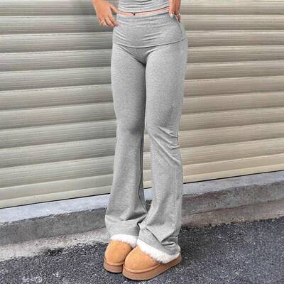 Womens Plain Ruched Flared Leggings Casual Comfy High