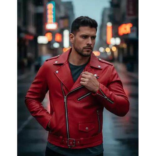E 46996 Men Biker Leather Jacket Rock Slim摇滚皮夹克