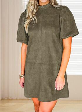 Women's Frilled Neck Short Puff Sve Shift Mini Dress with