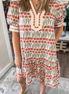 Women's Tulip Floral Print Cotton Puff Short Sve Mini Dress