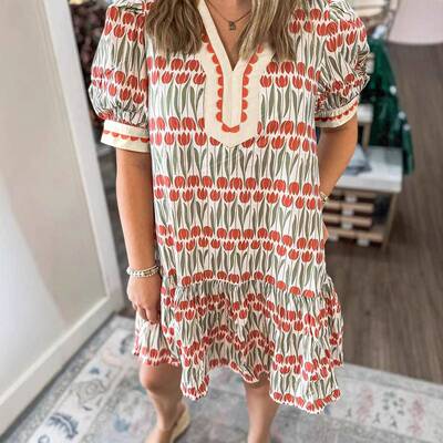 Women's Tulip Floral Print Cotton Puff Short Sve Mini Dress