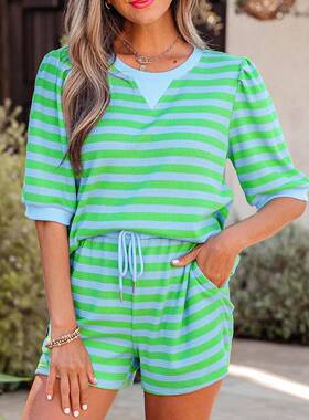 Women's Stripe Puff Short Sve T Shirt Top and Drawstring