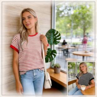Women's Striped Ribbed Knitted Drop Shoulder Round Neck