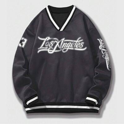 Letter & Number Print Drop Shoulder V Neck Sweatshirt Loose