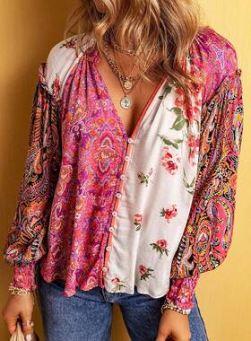 Women's Floral Print Frill Trim Shirred Notched Blouse, Boho