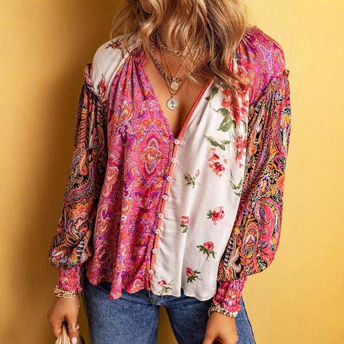 Women's Floral Print Frill Trim Shirred Notched Blouse, Boho
