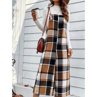 Women's Plaid Wide Leg, Elegant Square Neck Romper, Fitted
