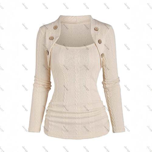 Women's Plain Button Decor Knitted T-shirt Top Fabric
