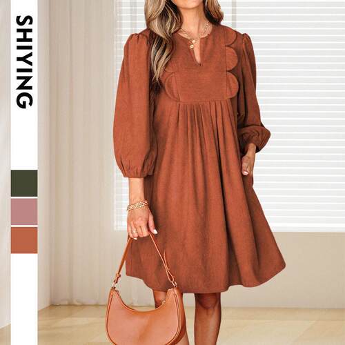 Women's Casual Basic Bracelet Sve Split Neck Scallop Detail